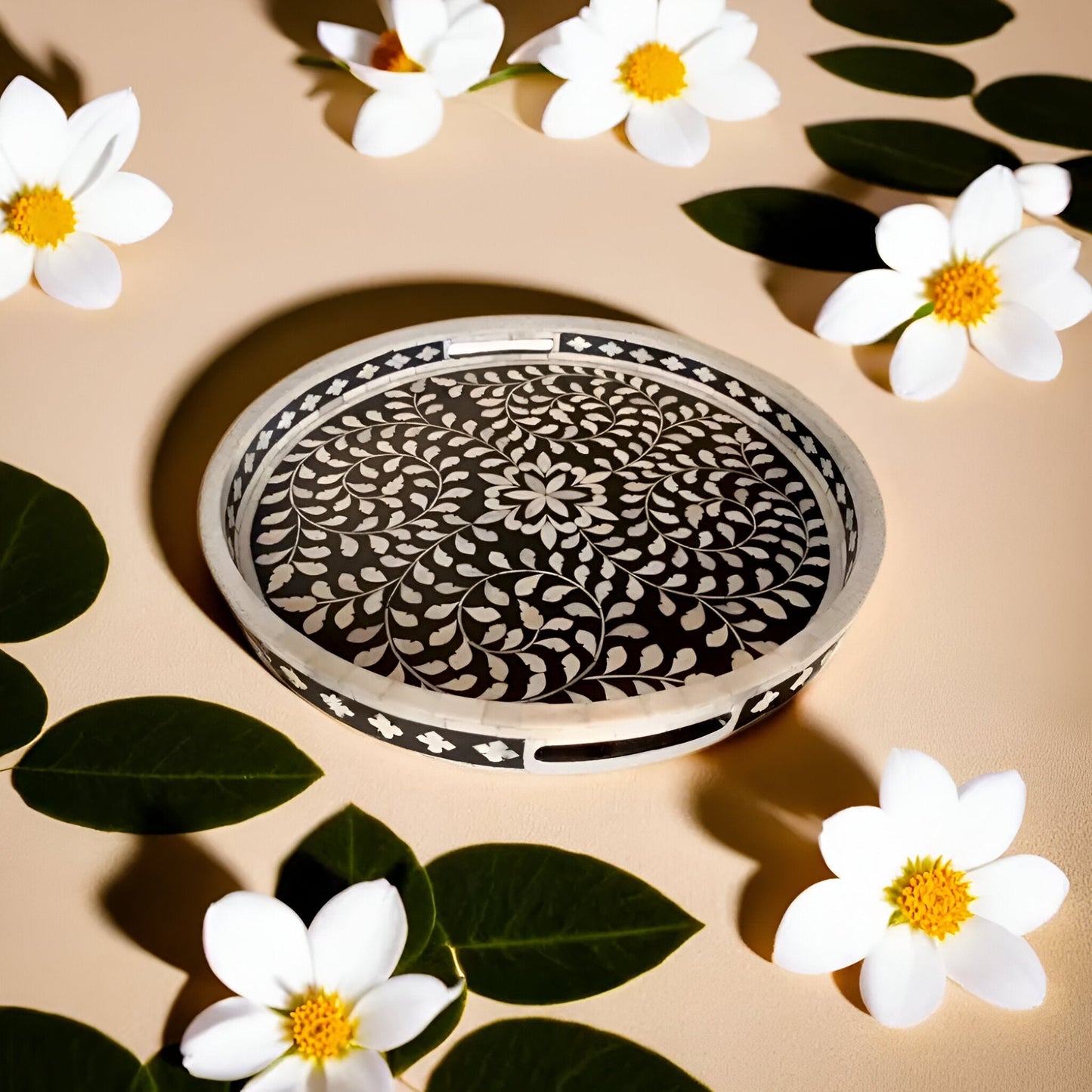 Handmade Customized Bone Inlay Round Serving Tray