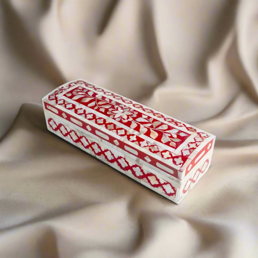 Handmade Mother of Pearl Inlay Jewelry Box, Storage Box in Geometric pattern Red and White