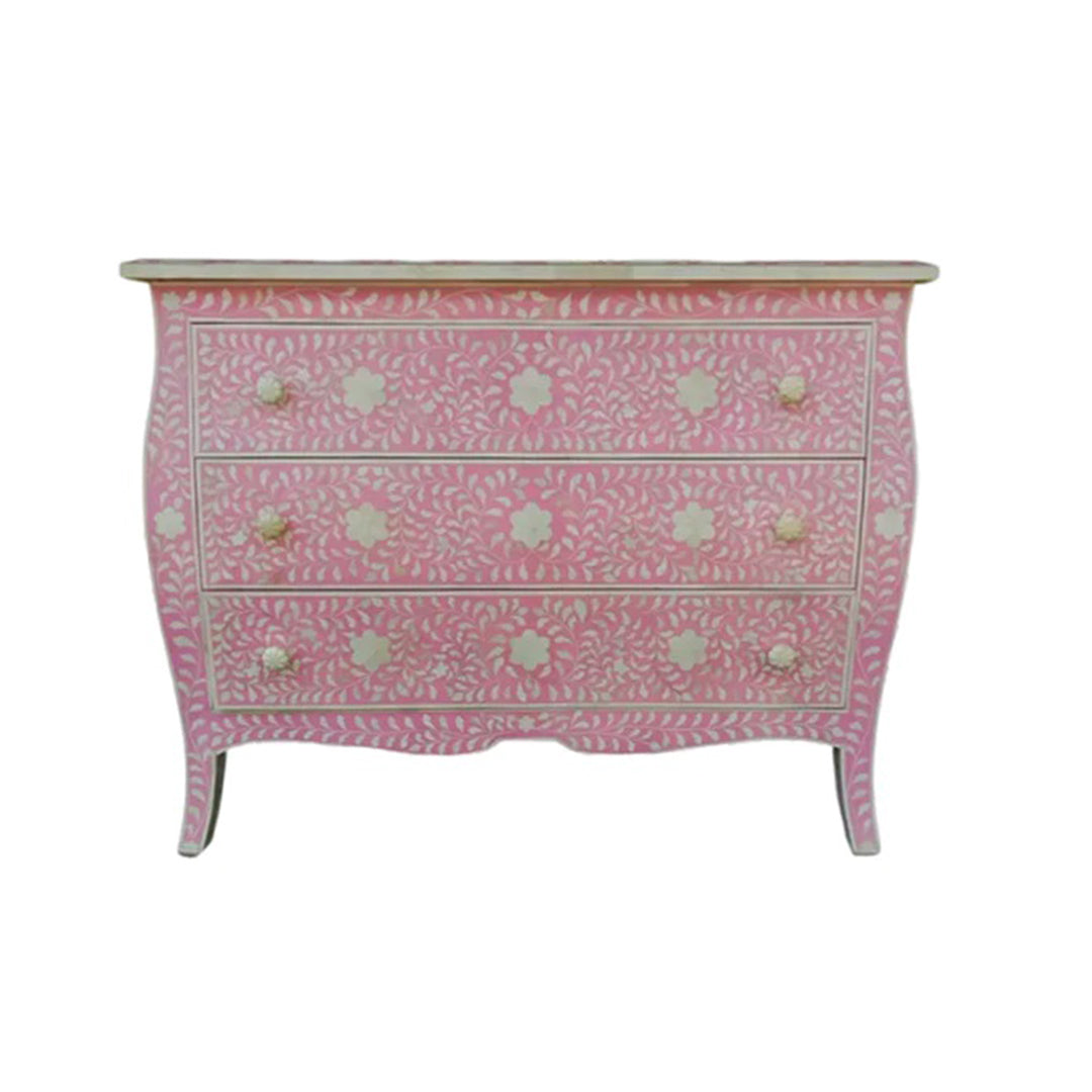 Bone Inlay Chest Of 3 Drawers, Floral Vintage Pattern In Pink