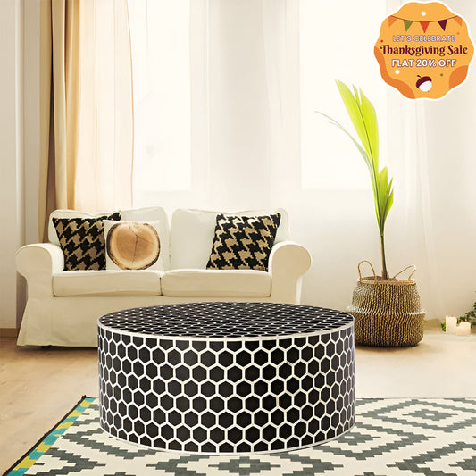 Geometric Honeycomb Pattern Bone Inlay Round Coffee Table - Black