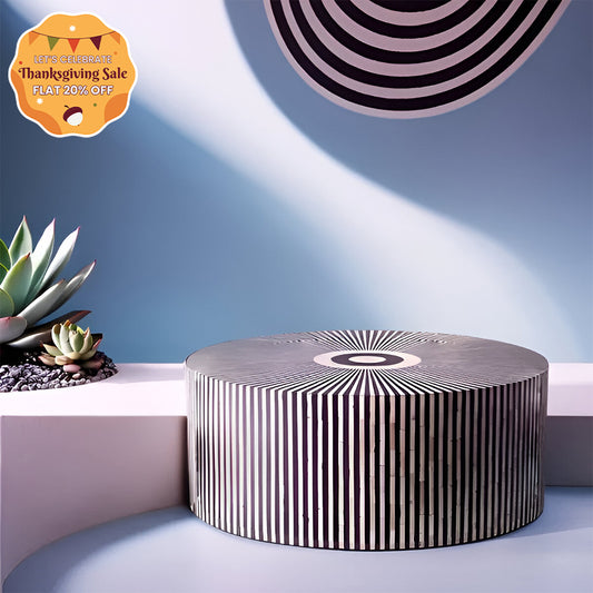 Geometric Striped Black Bone Inlay Round Coffee Table