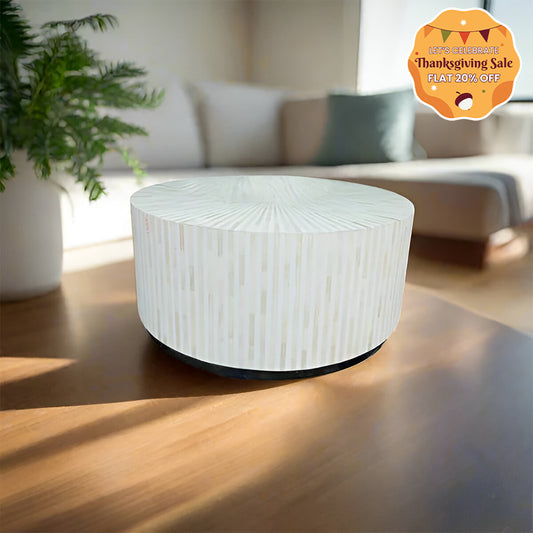 Bone Inlay Striped Pattern Round Coffee Table