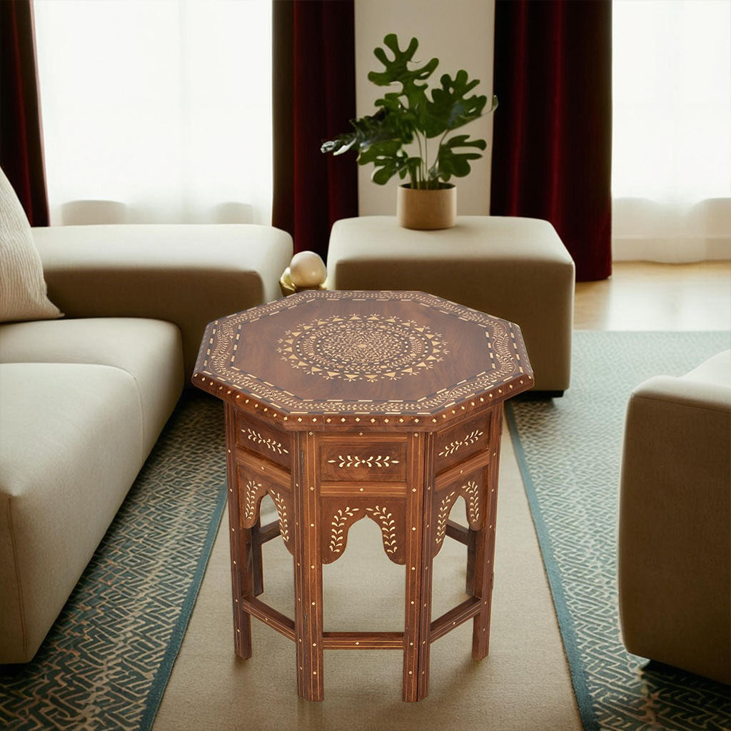 handmade Teak Wood Bone Inlay Pattern Stool