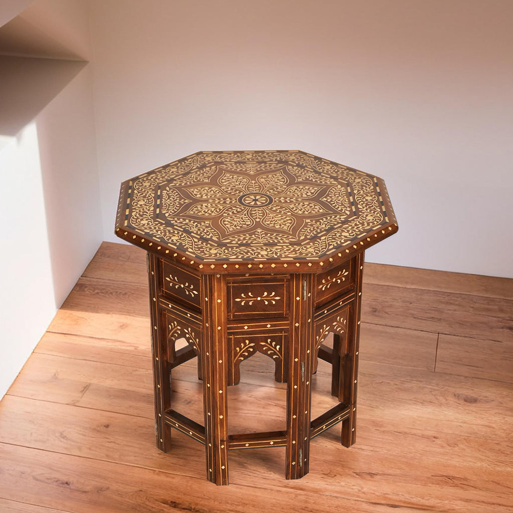 handmade Teak Wood Bone Inlay Pattern Stool