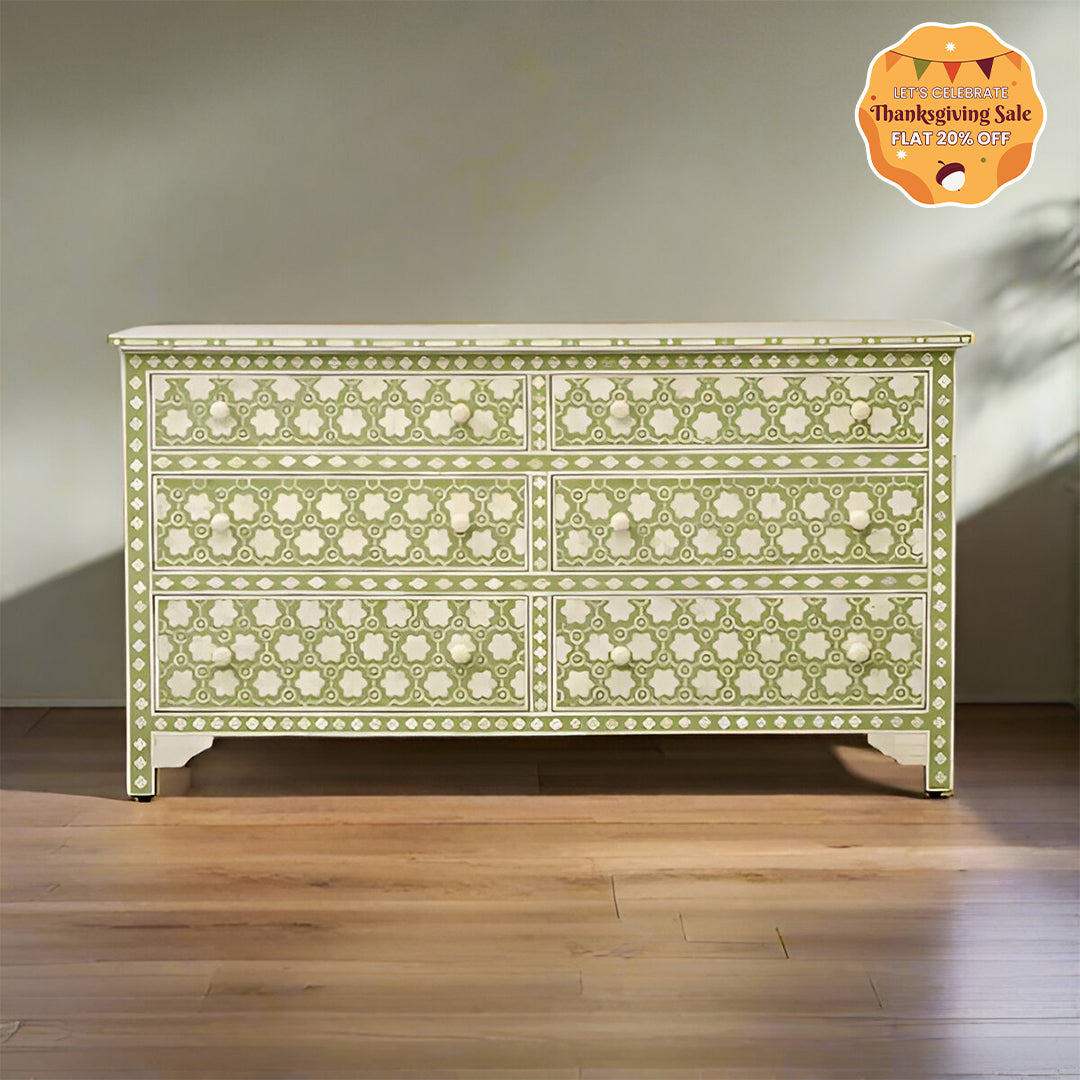 Handmade Bone Inlay Chest Of 6 Drawers- Green