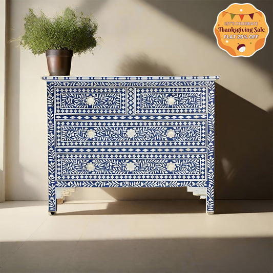 Bone Inlay Chest of 4 drawers, Floral Pattern In Blue