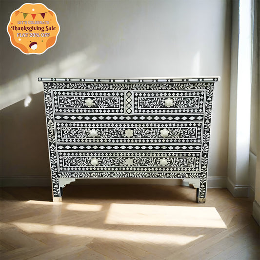 Bone Inlay Chest Of 4 Drawers , Floral Pattern In Black