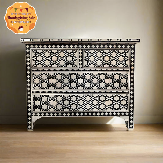 Bone Inlay Chest Of 4 Drawers , Black In Pattern