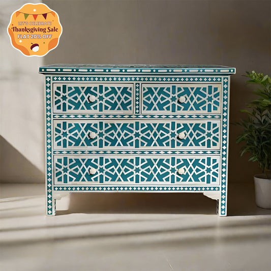 Bone Inlay Chest Of 4 Drawers , Geometric Pattern In Indigo