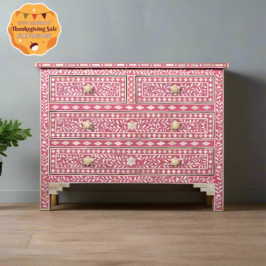 Bone Inlay Chest Of 4 Drawers , Floral Pattern In pink