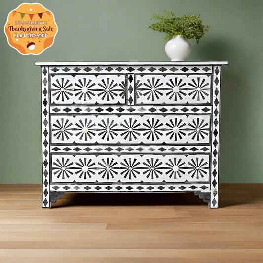 Bone Inlay Chest Of 4 Drawers , Star Eye Pattern In White