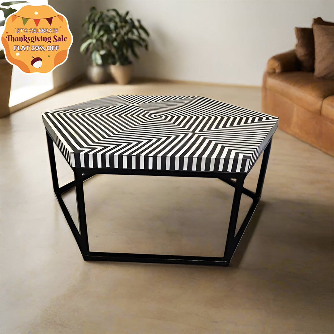 Bone Inlay Geometric Hexagonal Black Coffee Table