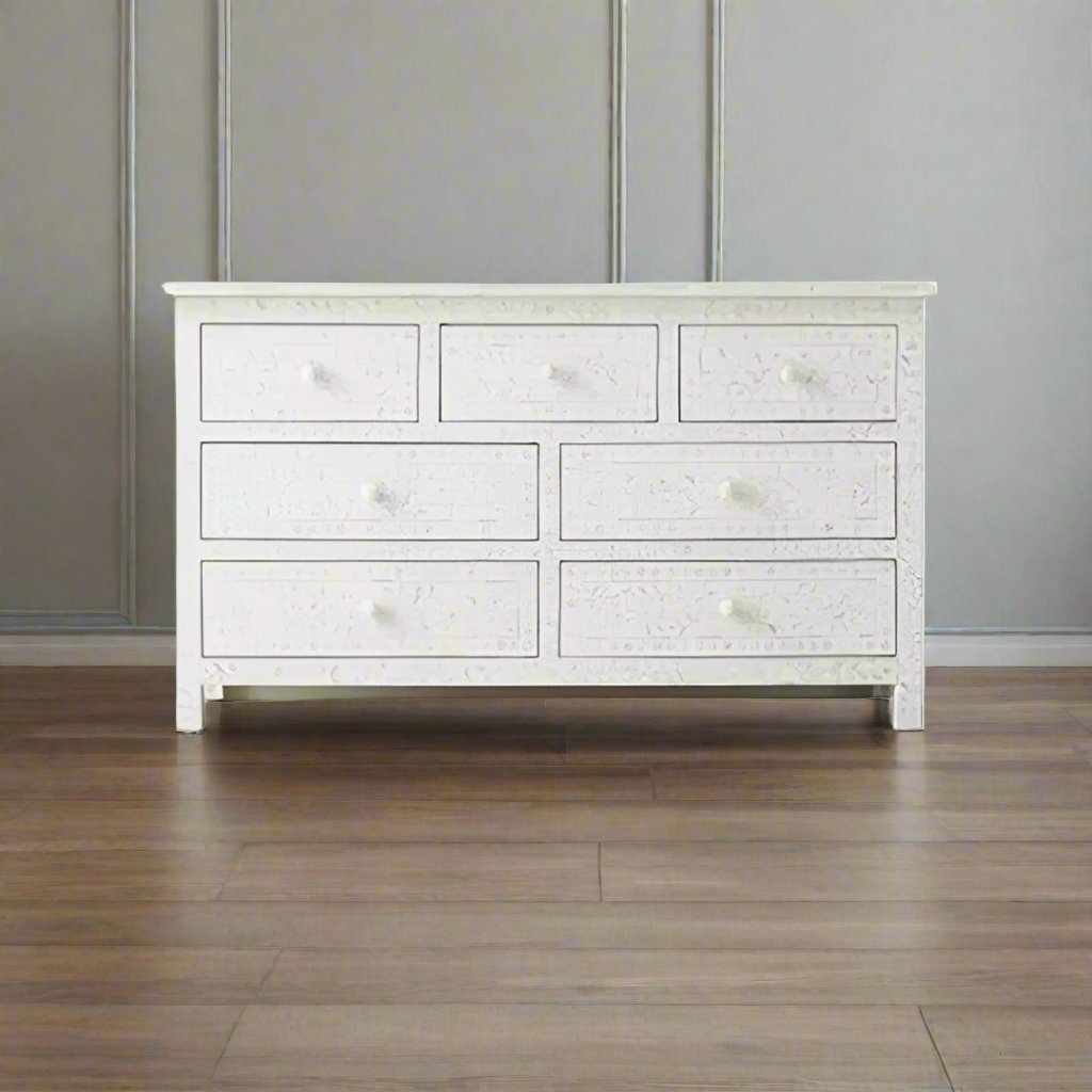 Bone Inlay Chest Of 7 Drawers, Floral Pattern In White