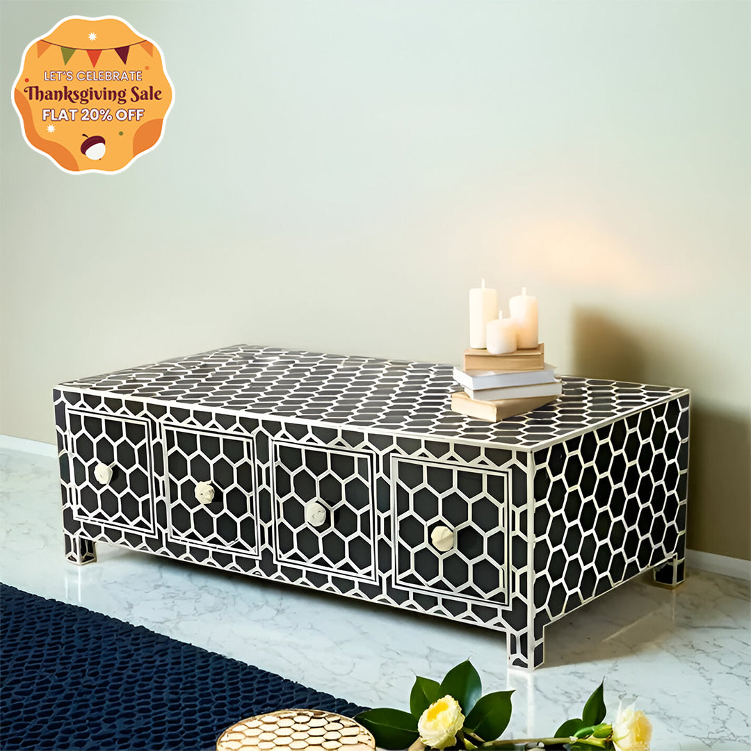 Bone Inlay Geometric Honeycomb Pattern Coffee Table