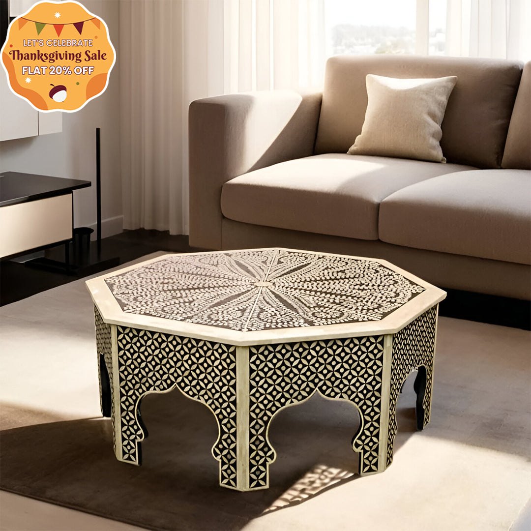 Handmade Round Coffee Table with Bone Inlay Geometric Design, Livingroom Furniture