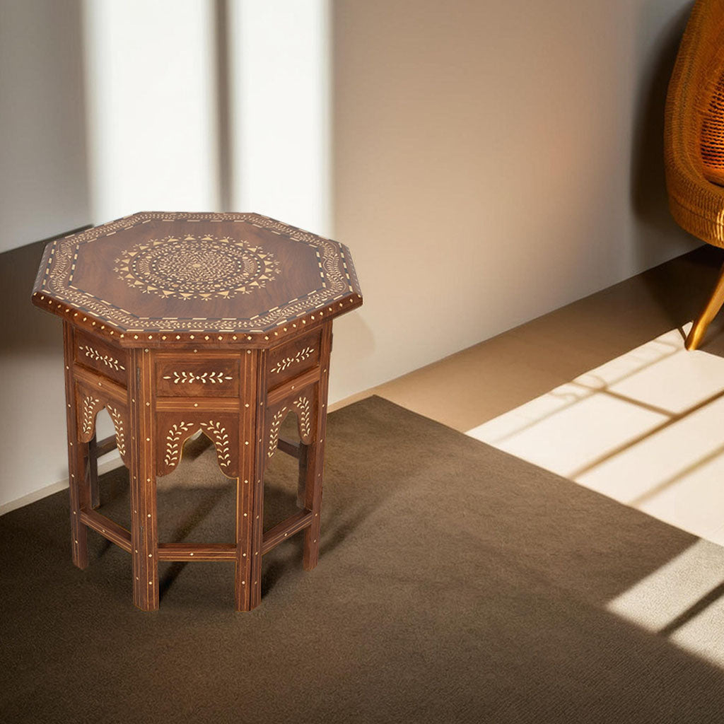 handmade Teak Wood Bone Inlay Pattern Stool