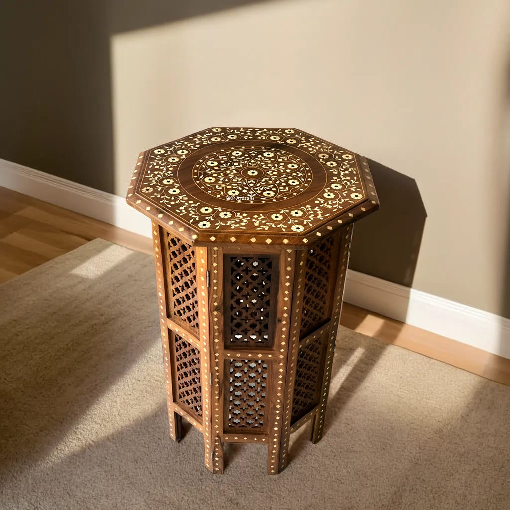 handmade Teak Wood Bone Inlay Pattern Stool