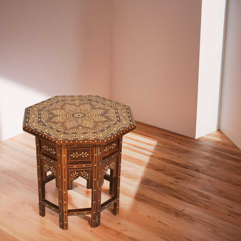 handmade Teak Wood Bone Inlay Pattern Stool