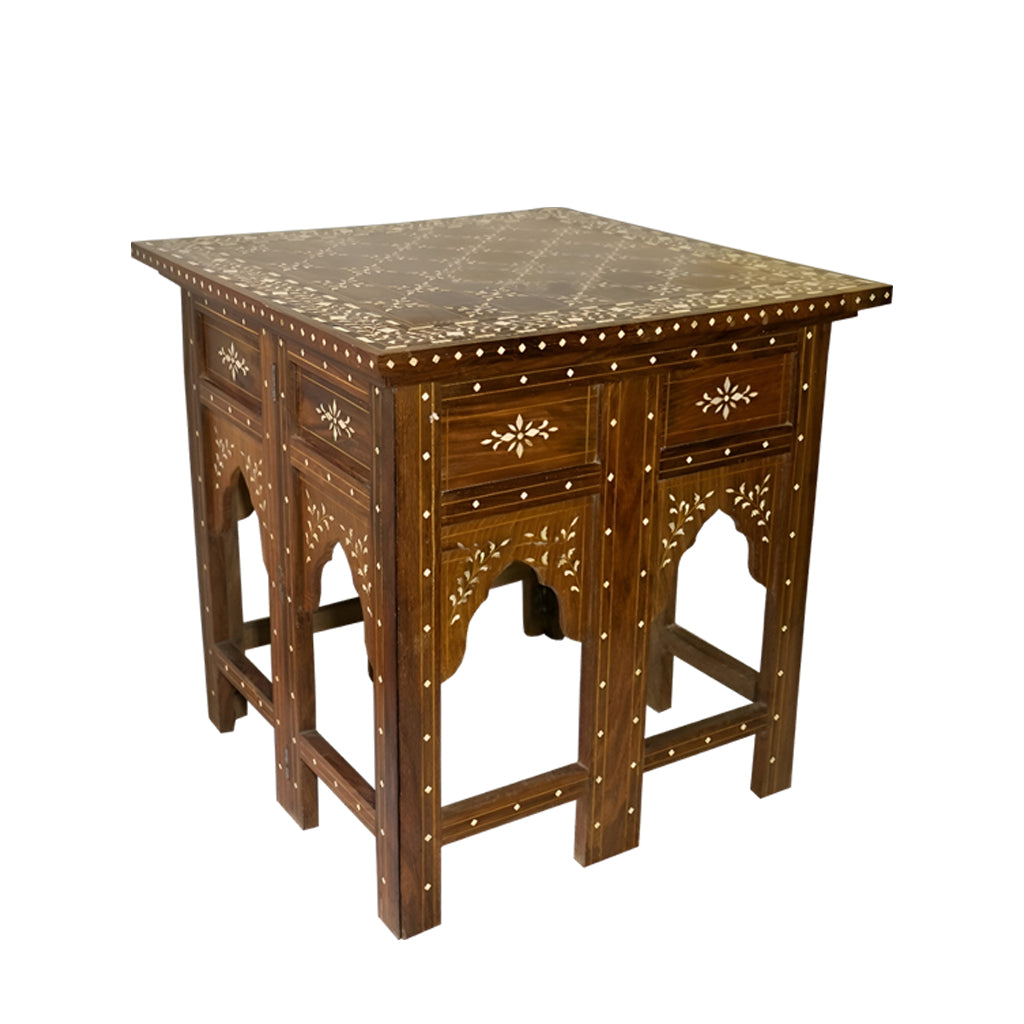 Teak Wood Bone Inlay Pattern Stool