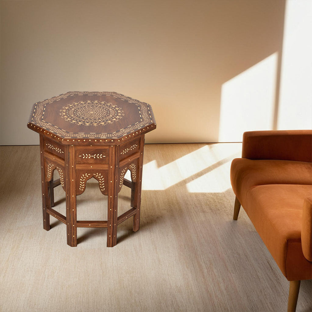 handmade Teak Wood Bone Inlay Pattern Stool