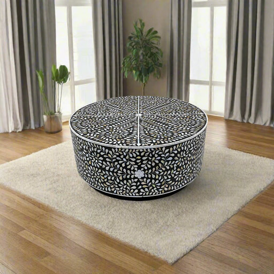 Handmade Mother of Pearl Round Coffee Table- Floral/ Black