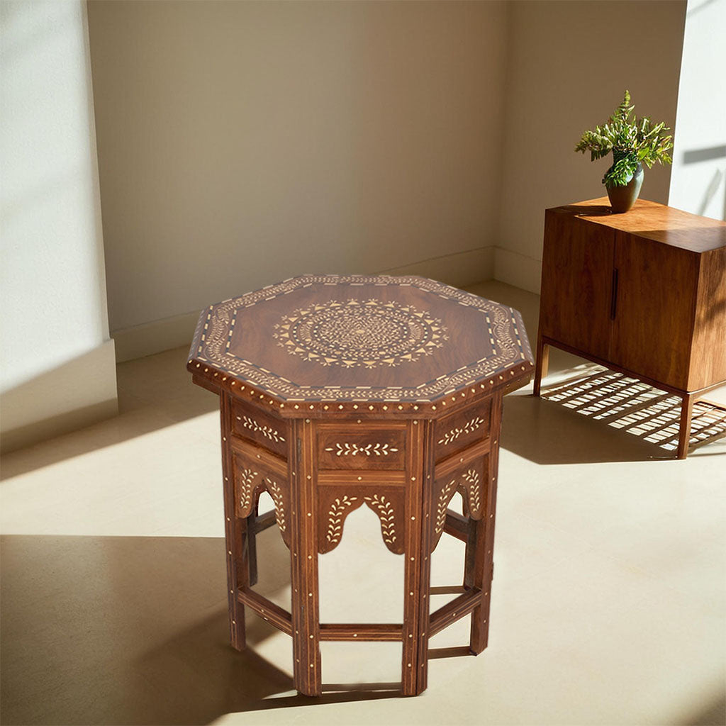 handmade Teak Wood Bone Inlay Pattern Stool