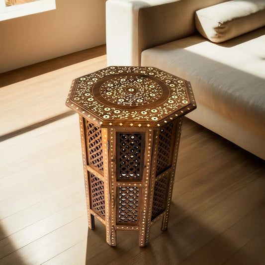 handmade Teak Wood Bone Inlay Pattern Stool