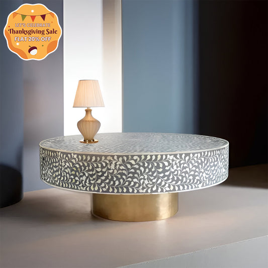 Bone Inlay Floral Grey Round Coffee Table