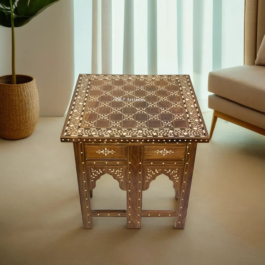 Teak Wood Bone Inlay Pattern Stool