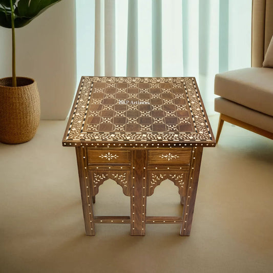 Teak Wood Bone Inlay Pattern Stool