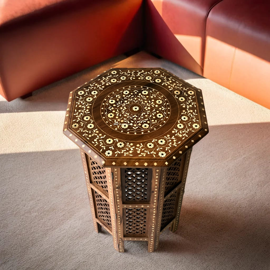 handmade Teak Wood Bone Inlay Pattern Stool