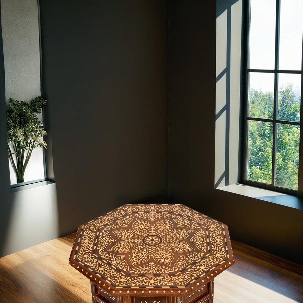 handmade Teak Wood Bone Inlay Pattern Stool