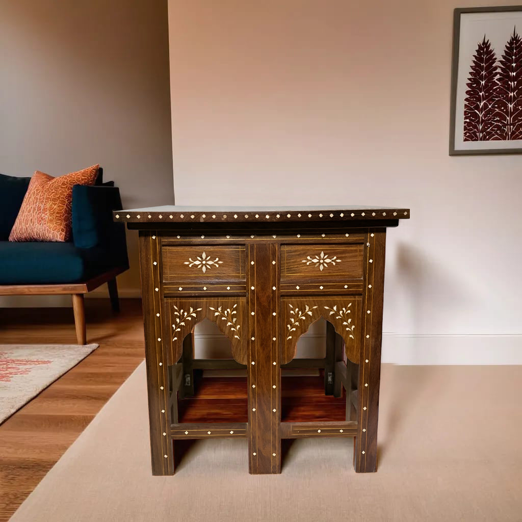 Teak Wood Bone Inlay Pattern Stool