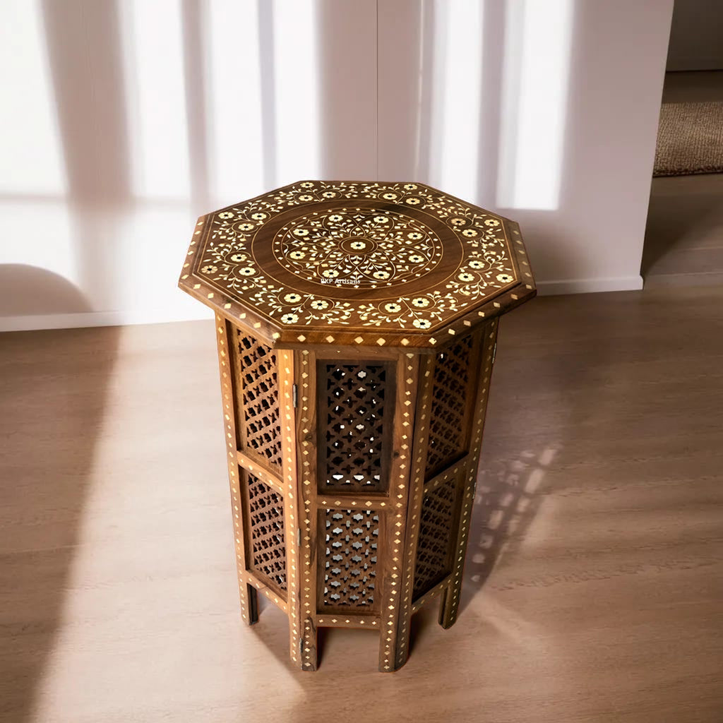 handmade Teak Wood Bone Inlay Pattern Stool