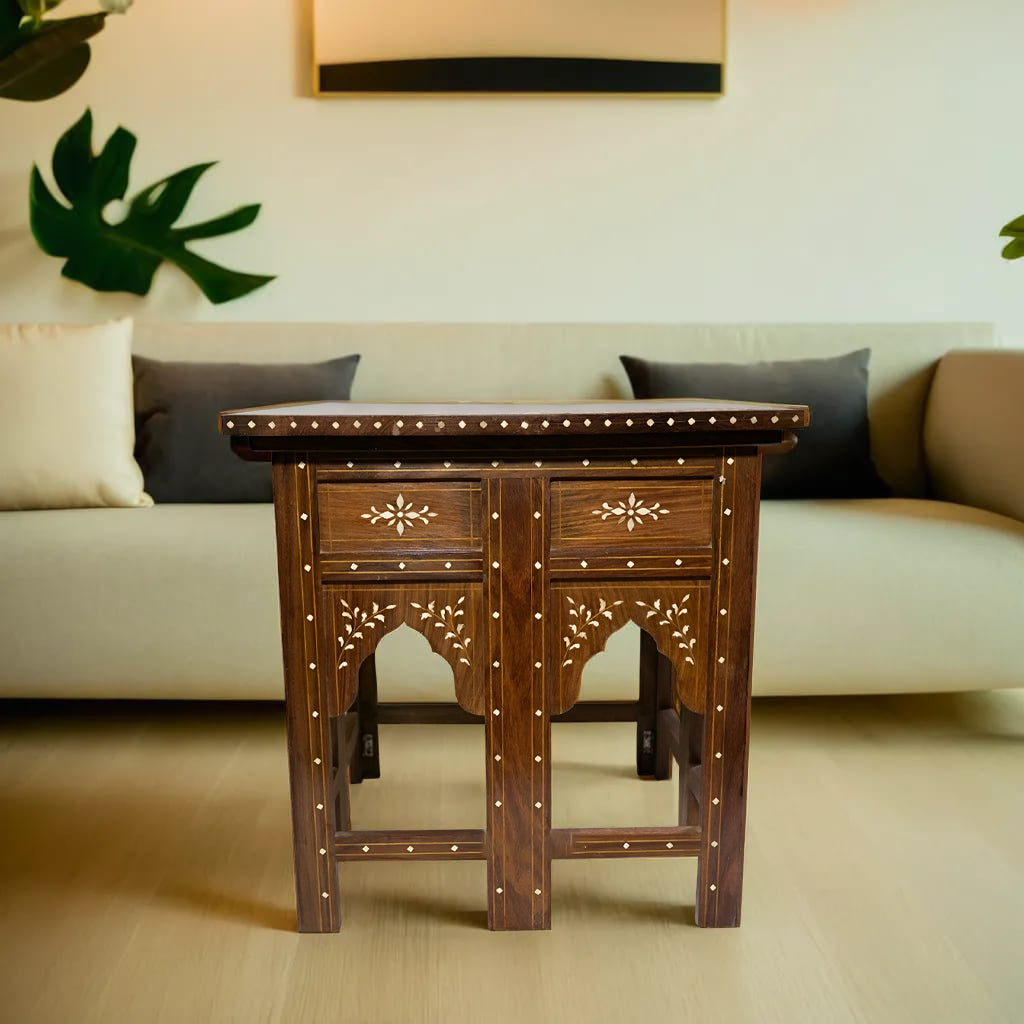 Teak Wood Bone Inlay Pattern Stool