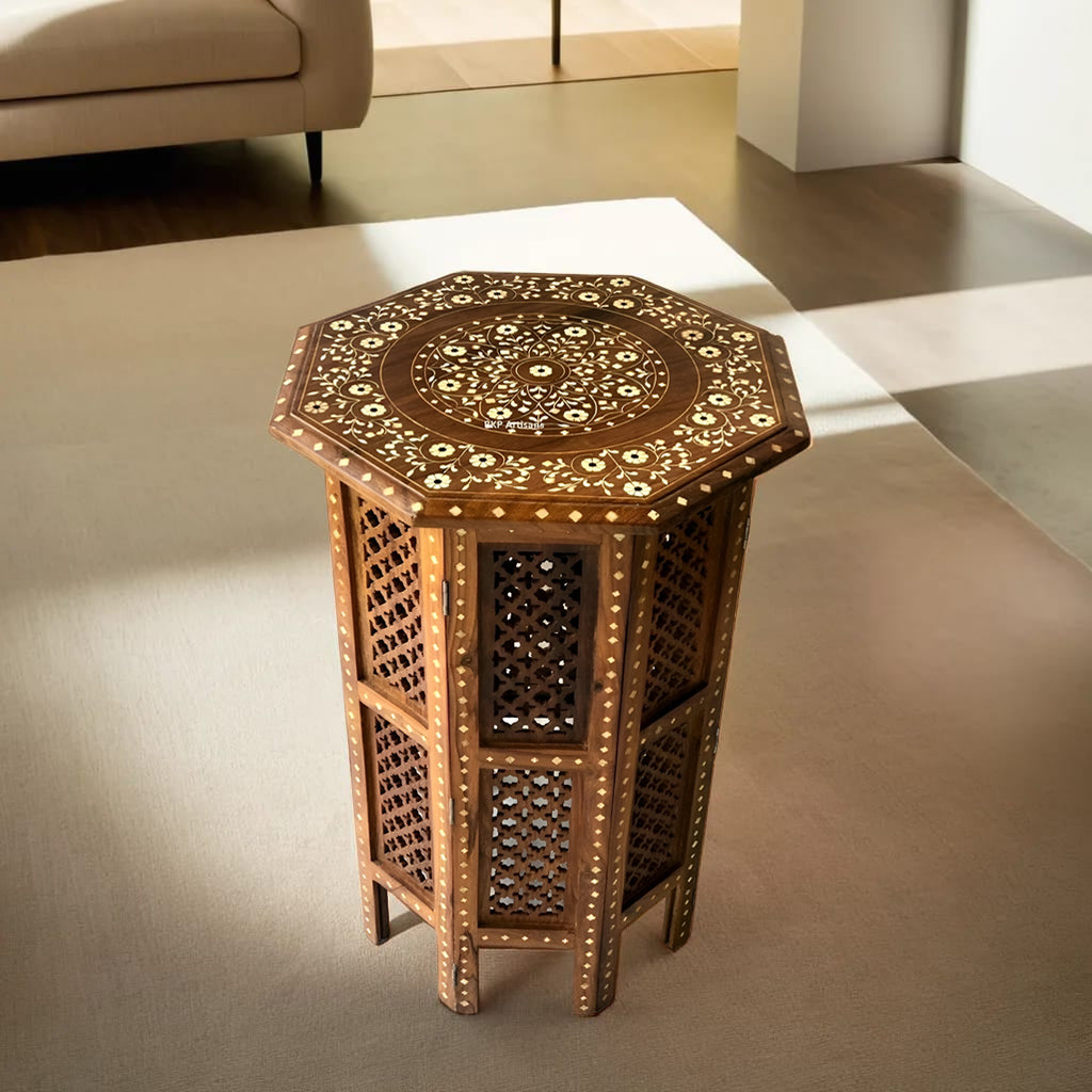 handmade Teak Wood Bone Inlay Pattern Stool