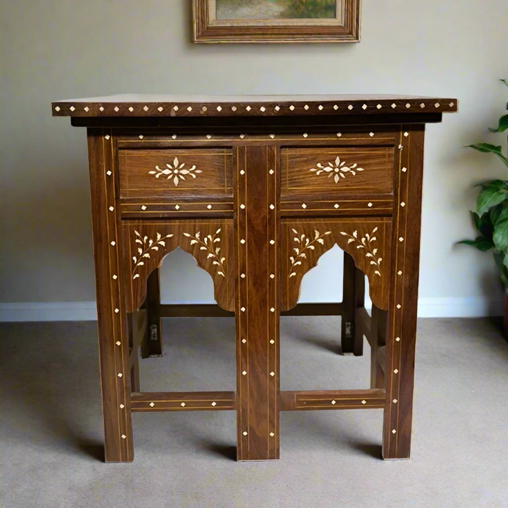 Teak Wood Bone Inlay Pattern Stool