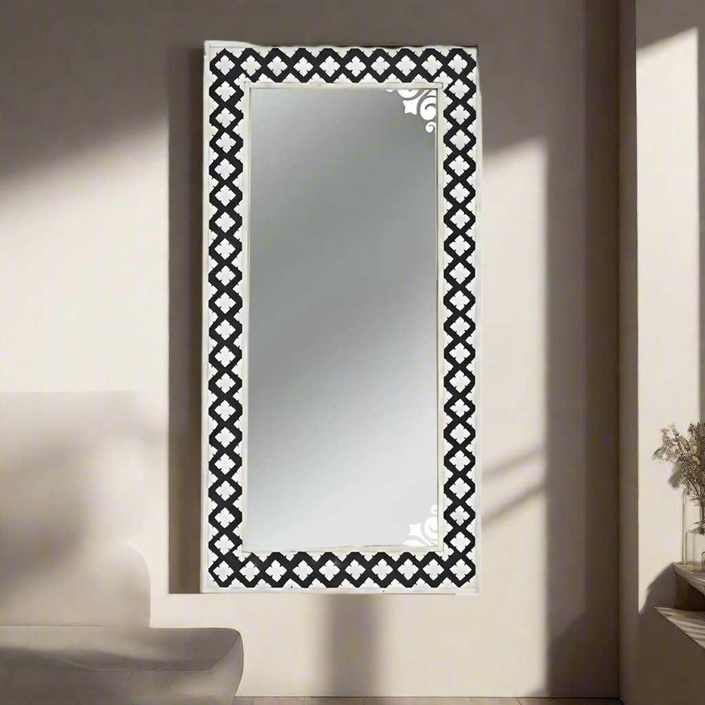 Handmade Bone Inlay Mirror Frame Zikzak Pettren Black color