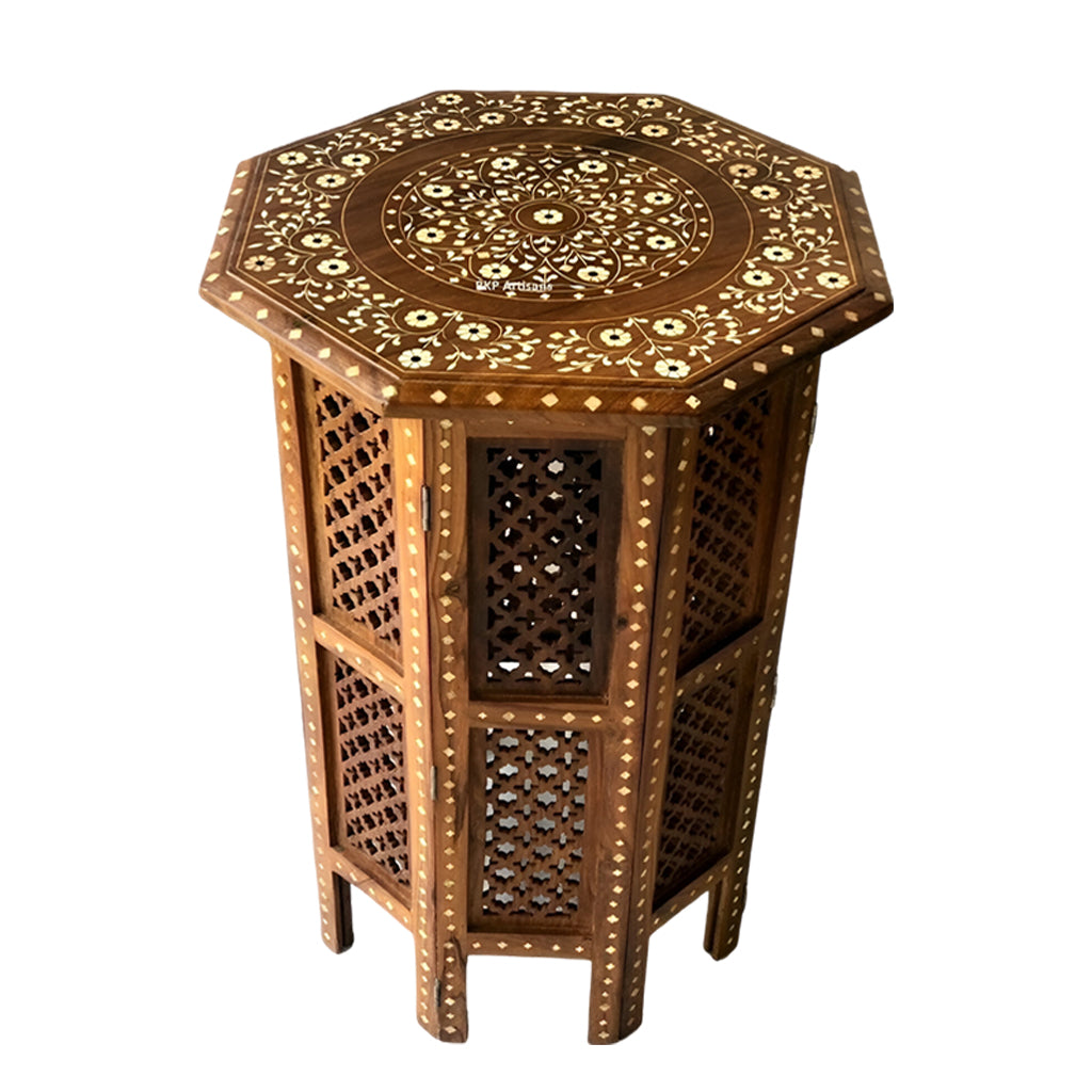 handmade Teak Wood Bone Inlay Pattern Stool