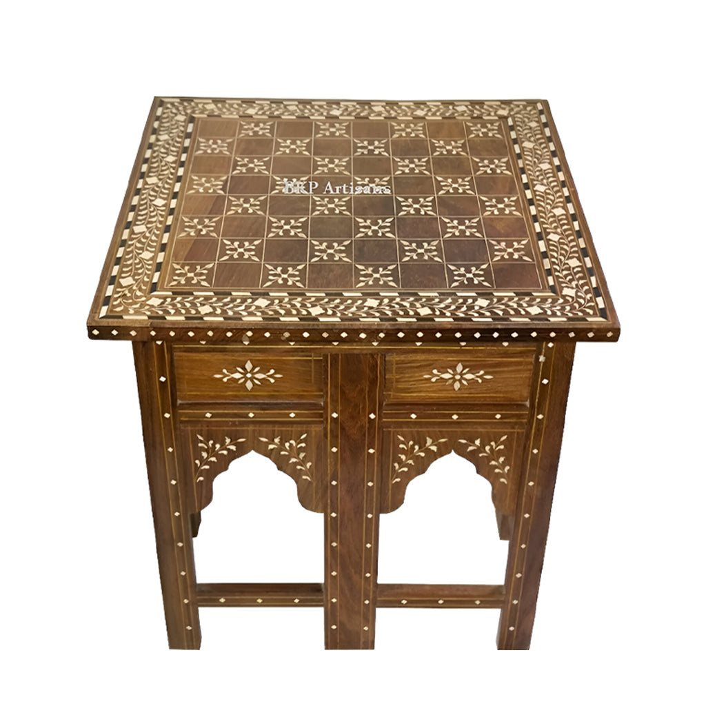 Teak Wood Bone Inlay Pattern Stool