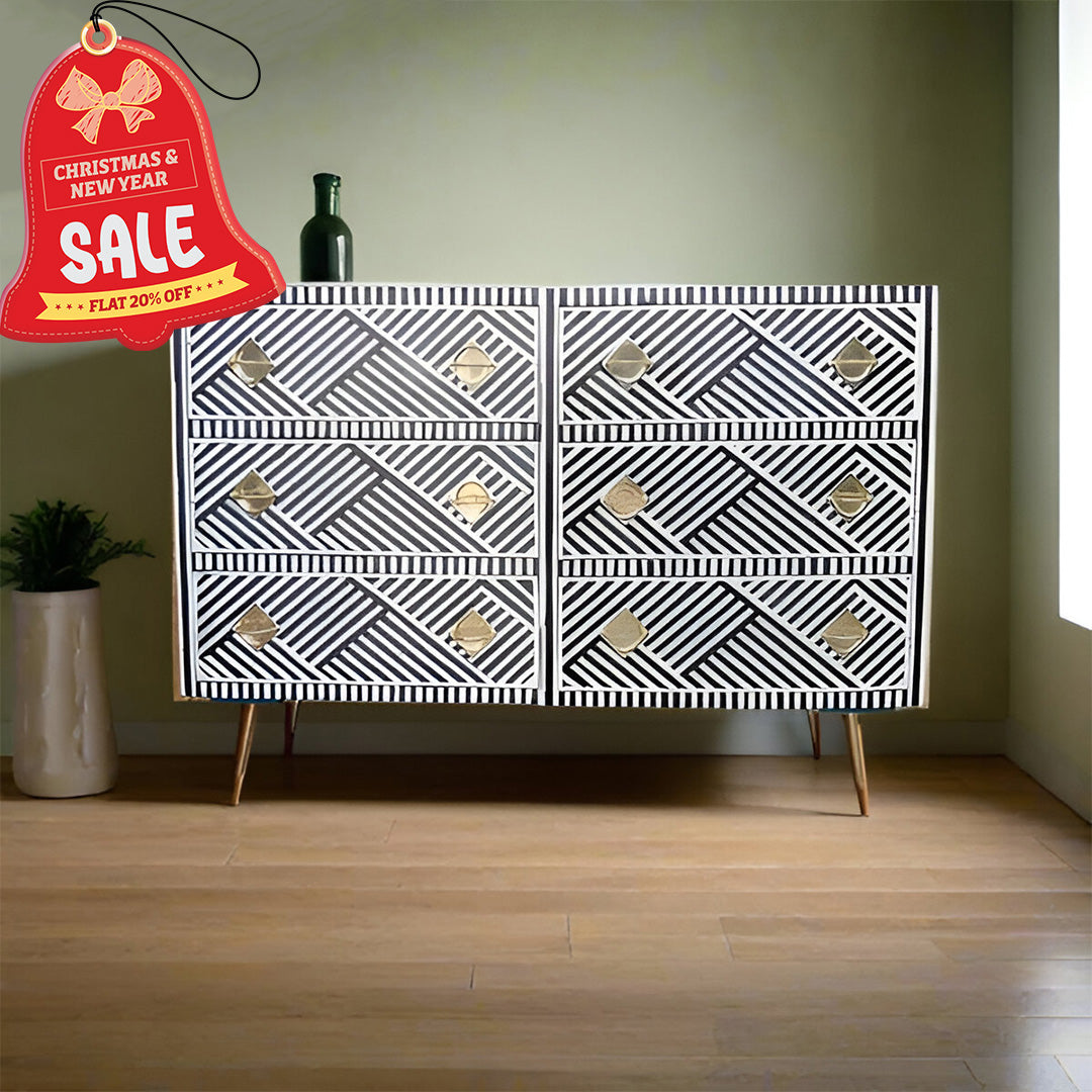 Bone Inlay Chest Of 6 Drawers, Geometric Pattern In Black