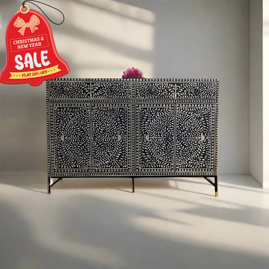 Bone Inlay Black Color Chest Of 2 Drawers 4 Doors Buffet in Floral Pattern