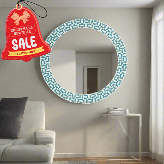 Bone Inlay Geometric Blue and White Round Mirror Frames with Complimentary Mirror