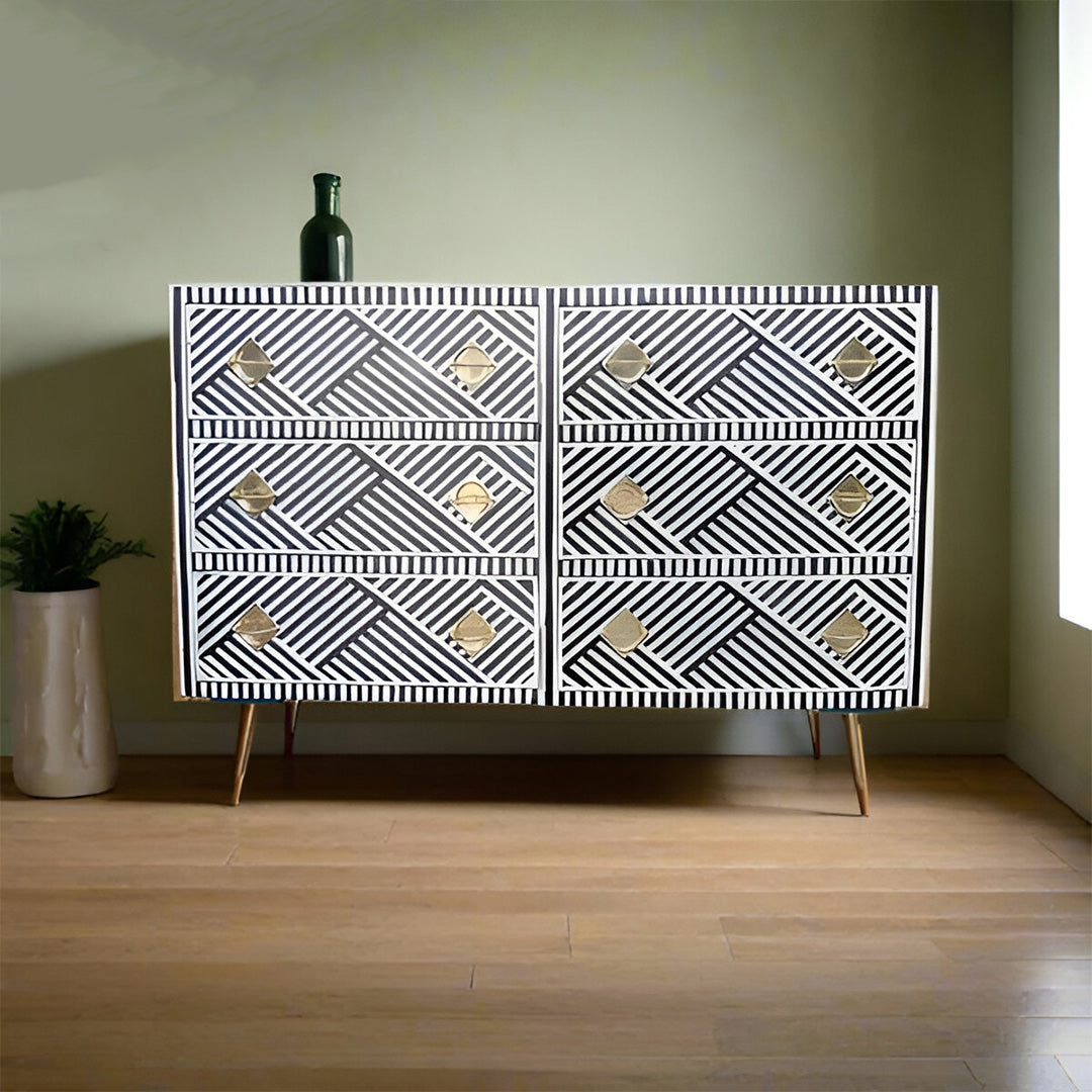 Bone Inlay Chest Of 6 Drawers, Geometric Pattern In Black