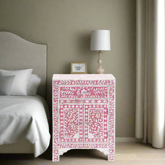 HANDMADE FLORAL PATTERN PINK BONE INLAY FLORAL PATTERN BEDSIDE TABLE