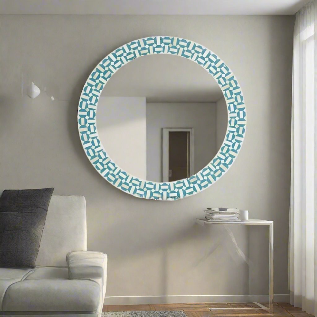 Bone Inlay Geometric Blue and White Round Mirror Frames with Complimentary Mirror