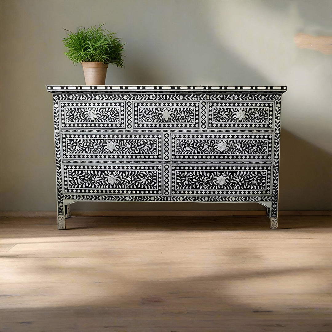 Bone Inlay Chest Of 7 Drawers, Floral Pattern In Black