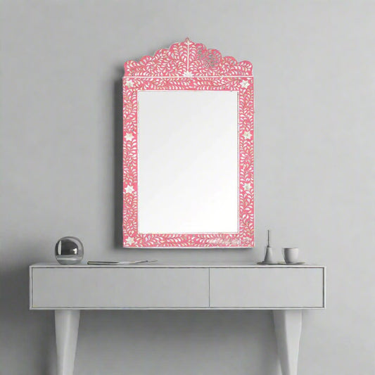 Handmade Bone Inlay Scalloped Pink Floral Pattern Mirror Frame for Home Decor