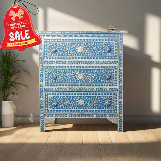 HANDMADE BLUE MOTHER OF PEARL CHEST OF 3 DRAWERS