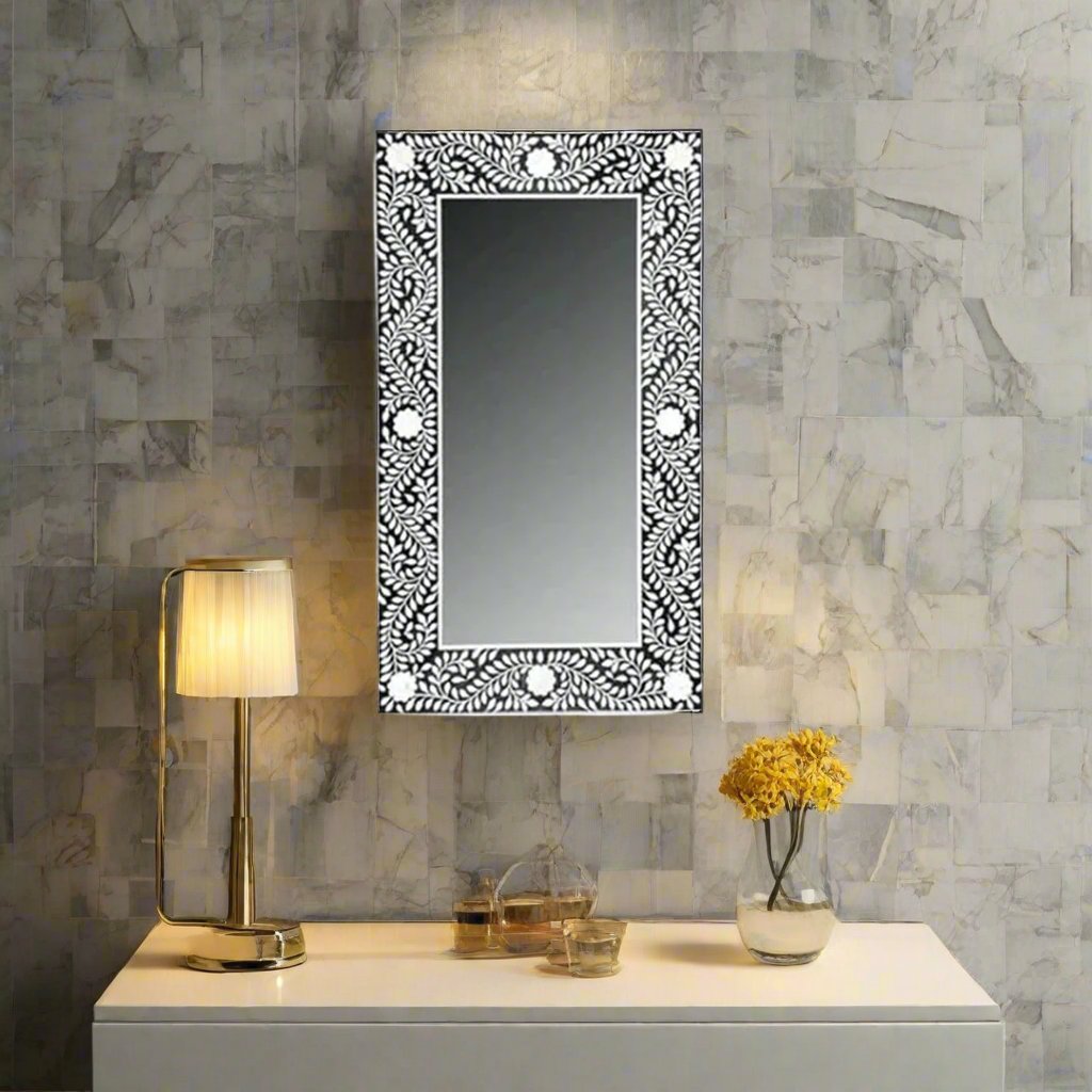 Handmade Bone Inlay Rectangular Mirror Frame Floral Pettren Black color